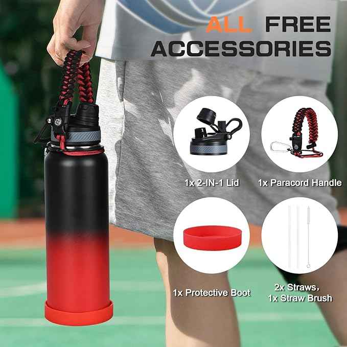 40 oz Insulated Water Bottle with Straw& Spout 2-in-1 Lid, Triple Wall Vacuum Stainless Steel Cold 48H, Leak Proof Sports Metal Flask Jug with Paracord Handle, Black Red