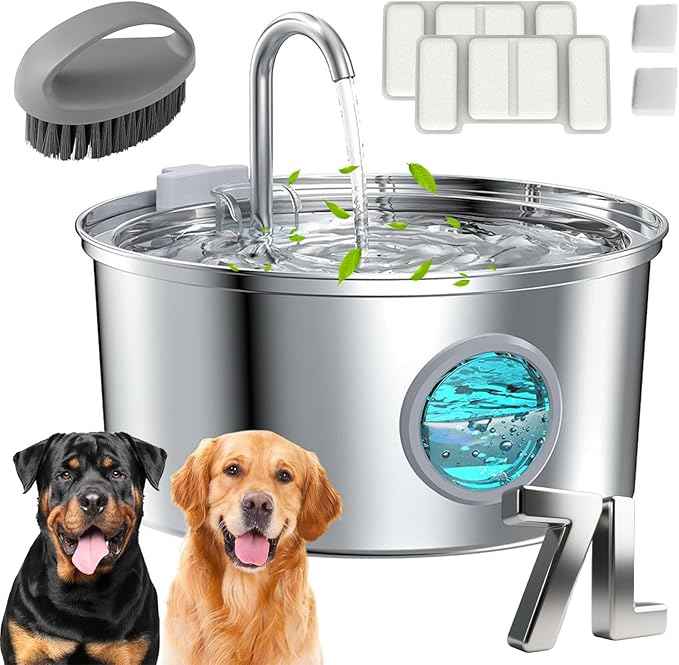 Dog Water Fountain, 3.2L/7L Filtered Water Fountain, Super Quiet Stainless Steel Dog Fountain Water Bowl for Large Dog Cats & Small Animals (Silver, 7L-with 2 Filter Element)