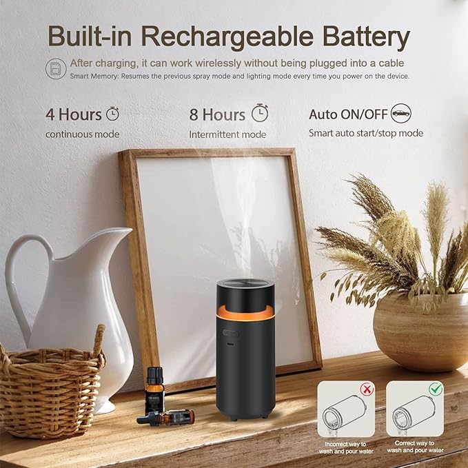 Smart Car Diffuser for Essential Oil,3000 mAH Rechargeable Battery,Cool Mist Aromatherapy Air Freshener Diffuser,Auto On/Off with Car,4/8H Timer Modes,for Bedroom,Office,Travel(Black)