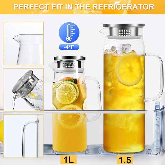 Yirilan Glass Pitcher, 1.5liter Glass Pitcher With Lid, Carafes and Pitchers, Iced Tea Pitcher, Water Carafe With Handle, Heat Resistant Borosilicate Glass Jug, Beverage Pitcher, Tea Jug With Brush