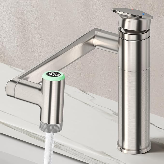 HOWUWEY Brushed Nickel Rotatable Single Hole Bathroom Vanity Faucet with Temperature Display & HOWUWEY Chrome Filtered Dual Shower Head with Handheld Spray Combo for Hard Water