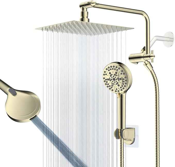 All Metal Shower Head, 10" High Pressure Rainfall/Handheld Shower Combo with 11" Extension Arm, 10-Spray Handheld Showerhead, 71" Long Hose, 3-Way Diverter Valve, Shiny Gold