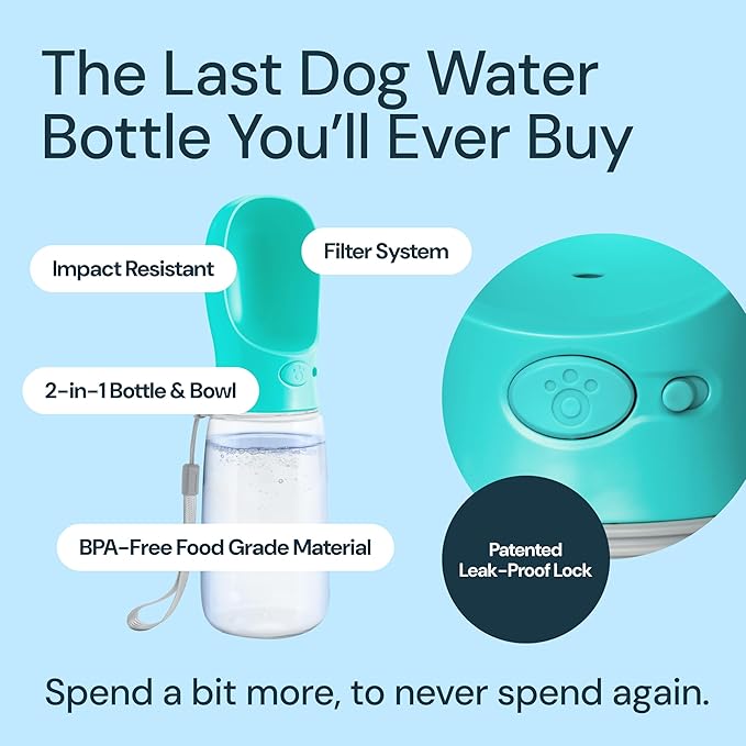 MalsiPree Leak Proof Portable Dog Water Bottle & Dog Travel Water Bottle Dispenser with Bowl - 12 oz, Blue - Food Grade Plastic- Puppy Essentials - Pet Travel Portable Doggy Bowl - AquaVibe