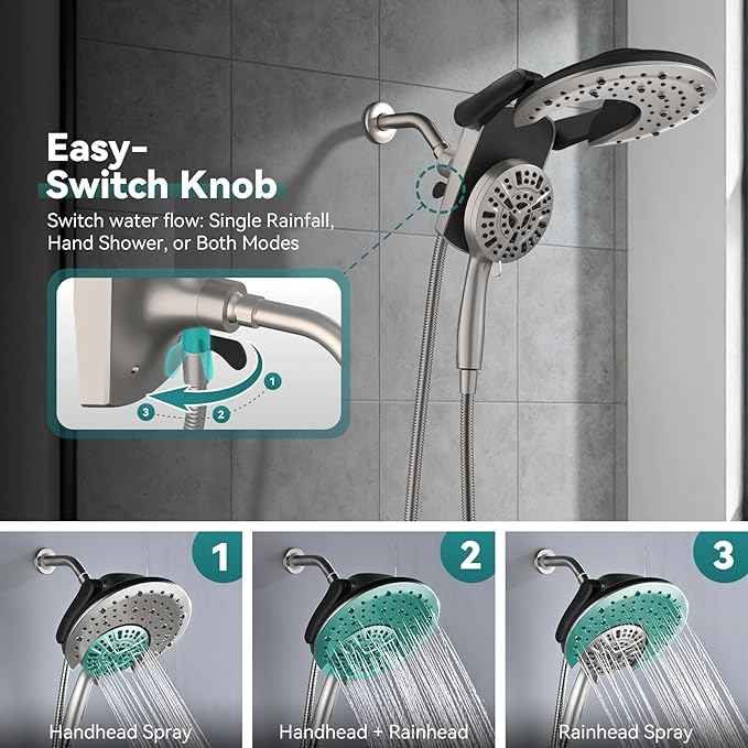 Rain Shower Head with Handheld: Foldable High Pressure Shower Heads with Handheld Spray Combo, 9 Spray Settings/Modes Hand Held Showerhead Dual Rainfall Shower Head Built-in Magnetic Docking and Jets