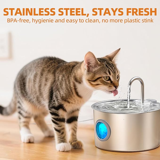 3.2L Cat Water Fountain Stainless Steel with 20 Filters Automatic Pet Water Fountain for Cats/Dogs Indoor Ultra Quiet Metal Cat Fountains for Drinking Kitty Watering Supplies for Animals