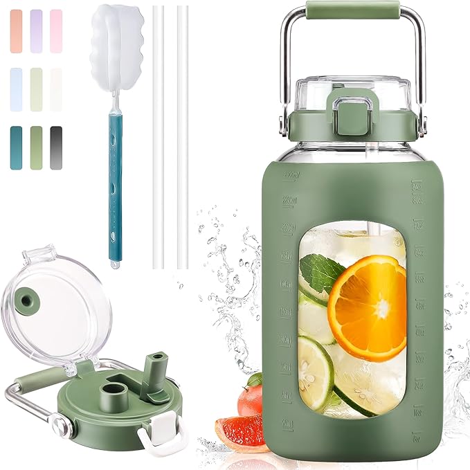 BLUEGO 84oz Water Bottle Glass with Stainless Steel Handle Large 2.5l Water Bottle with Time Markers and Silicone Sleeve Half Gallon Water Jug BPA Free for Gym Daily Use, Olive