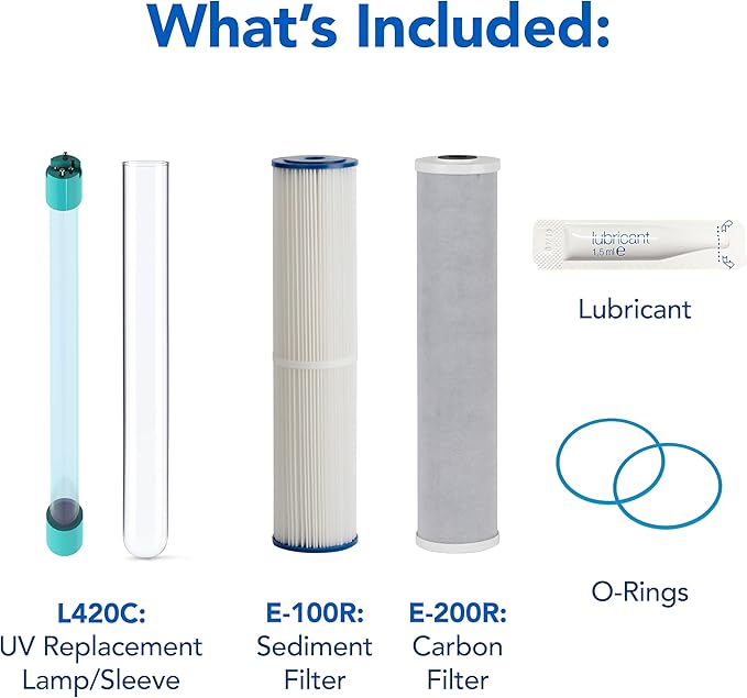 Kind Water Whole House Replacement Filter Set – Sediment, Carbon Block, UV Replacement Lamp & Quartz Sleeve – Fits E-3000 and E-1000 Systems – Maintain Clean, Safe Water – Easy 1-Year Kit