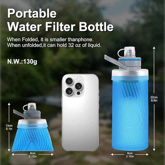 SurviMate 700ml Collapsible Water Filter Bottle,Squeeze Water Filtered Bottle，BPA-Free, Ultra Light Emergency Survival Water Filter，Perfect for Hiking, Backpacking, Camping