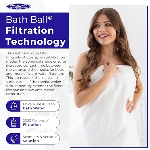 Crystal Quest Bath Ball Water Filter for Bathtub - 3-Stage Filtration, Removes Chlorine, Chloramine & Byproducts, 2,500 Gallons, BPA Free, pH Balanced Water, Fits Most Tubs, Easy Install - Blue
