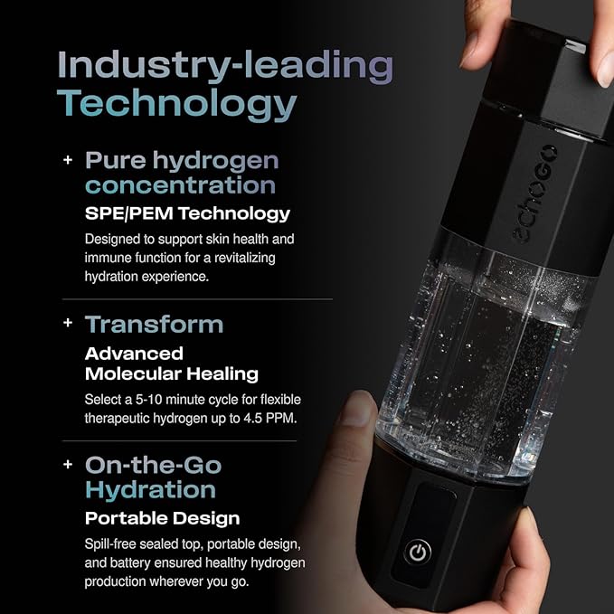 Echo Go+ Hydrogen Water Bottle - Hydrogen Infusion Technology - Rechargeable Water Bottle - SPE & PEM Purification - Active Hydration Support for Skin Health & Immune Function - 10 oz