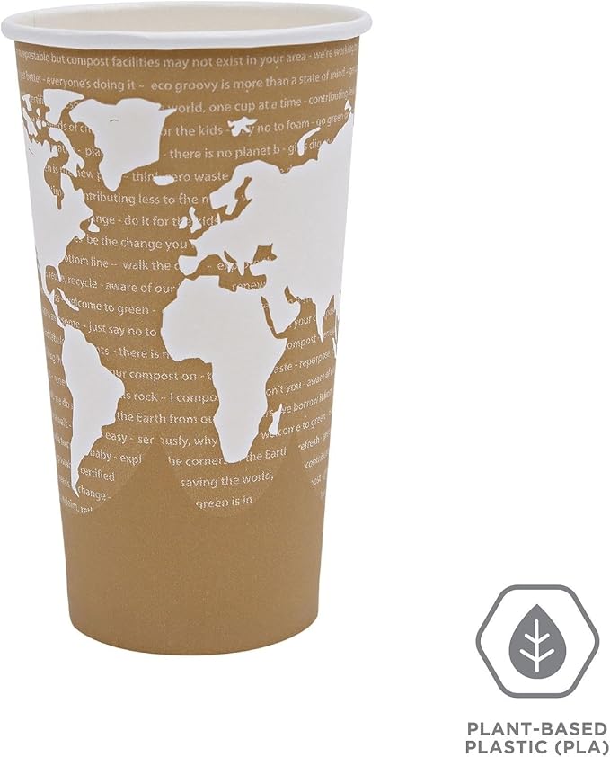 ECO PRODUCTS Compostable Disposable World Art 20oz Large Coffee Cups, Pack of 50, Renewable Hot Paper Cup, Plant Based PLA Lining, Color Coded