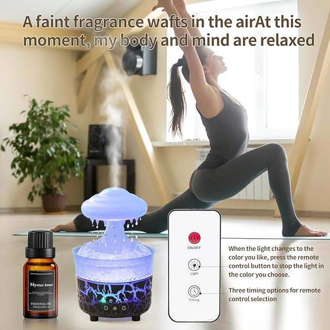 BOHOFAM Aroma Essential Oil Diffuser,Rain Cloud humidifier Simultaneously Water Drip and Air Mist,Rain Diffuser with 4 Hotel Collection Essential Oils for Home,Bedroom,Colorful Light(Black)