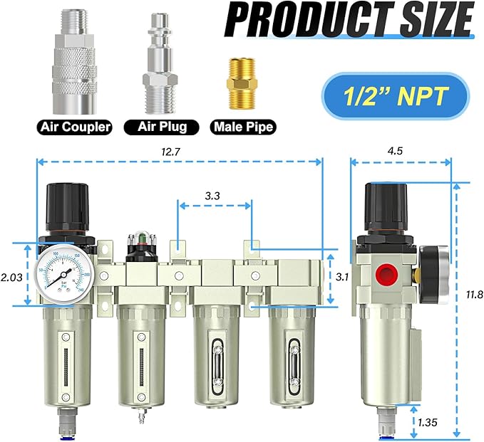 1/2" NPT 4 Stage Heavy Duty Industrial Grade, Auto Drain Air Drying System, Coalescing Filter, Particulate Filter, Double Desiccant Dryer and Air Regulator For Plasma Cutter and Paint Spray - AquaVibe