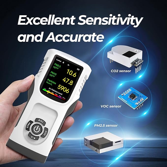 6-in-1 Air Quality Monitor Indoor CO2 Monitor, 3000mAh AQI TVOC Air Quality Tester for Home PM2.5 PM10 Particle Counter Air Quality Monitor with Graph, Portable Outdoor LED Screen