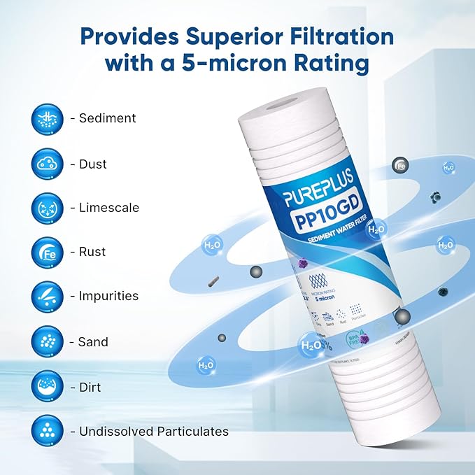 PUREPLUS 5 Micron 10" x 2.5" Whole House Sediment Home Water Filter, Grooved Sediment Replacement Cartridge for Any 10 inch RO Unit,AO-WH-PREV-R2, Aqua-Pure AP110, Aquaboon AB-SGR5M, GE GXWH20S, 6Pack