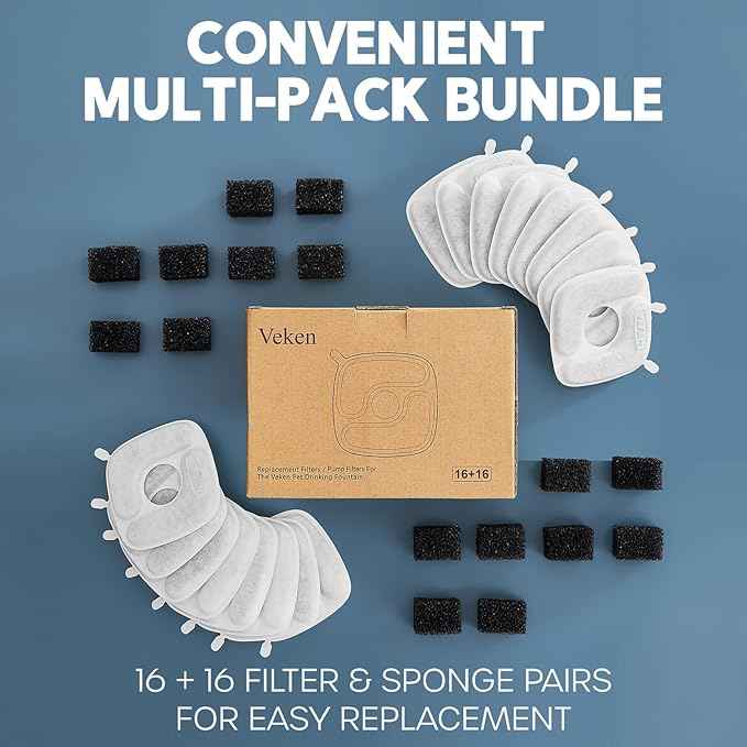 Veken Cat Water Fountain Filters, 16 Pack Replacement Filters & 16 Pack Replacement Pre-Filter Sponges Set for 50oz, 84oz, 95oz Automatic Pet Fountain Dog Water Dispenser - AquaVibe