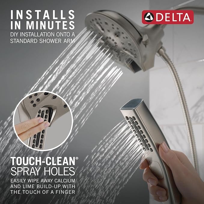 Delta Faucet 5-Spray In2ition 2-in-1 Dual Hand Held Shower Head with Hose, H2Okinetic Handheld Shower Head with Magnetic Docking, Brushed Nickel Handheld Shower Heads, Stainless 58620-SS-PR25-PK