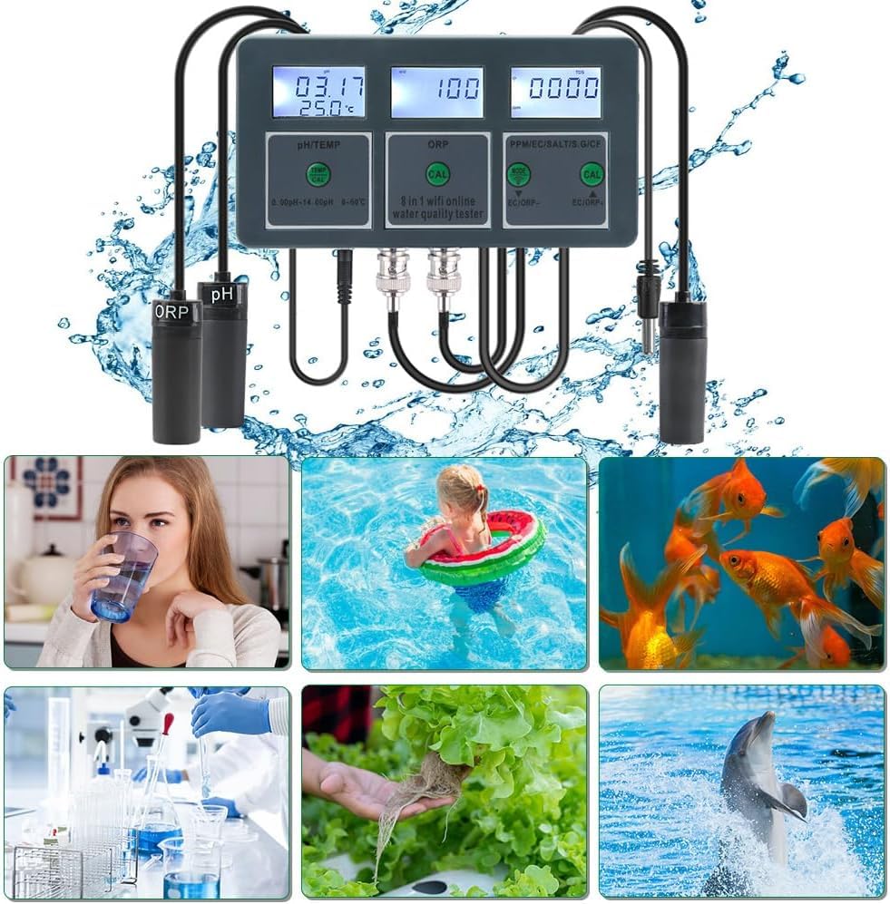 Water Quality Tester Monitor 8 in 1 WiFi Smart PH Meter Data Logger Temp TDS Salinity S.G. EC ORP Analyzer for Aquariums Pool Hydroponics