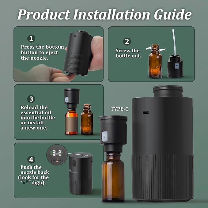 Waterless Diffuser for Essential Oil - Aromatherapy Diffuser for Home with Battery Indicator, Portable Scent Air Machine 1/2/3&Continuous Mist,Timer Function,500Sq.Ft Scent Coverage