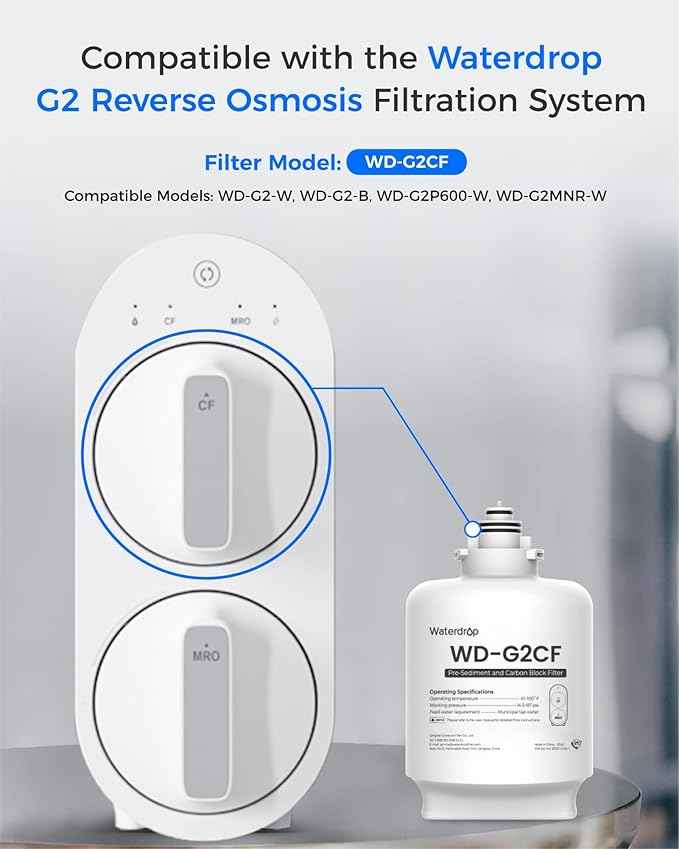 Waterdrop WD-G2CF Filter, Replacement for WD-G2-W, WD-G2-B, WD-G2P600-W Reverse Osmosis System,12-month Lifetime
