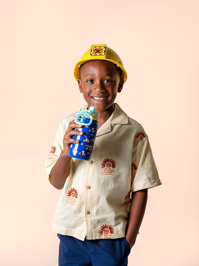 Ello Pop & Fill 12oz Stainless Steel Kids Water Bottle with Quick Fill Lid | Vacuum Insulated BPA Free Bottle with Leak Proof Straw and Chug Lid, Dishwasher Safe, Gift For Kids, Construction Site