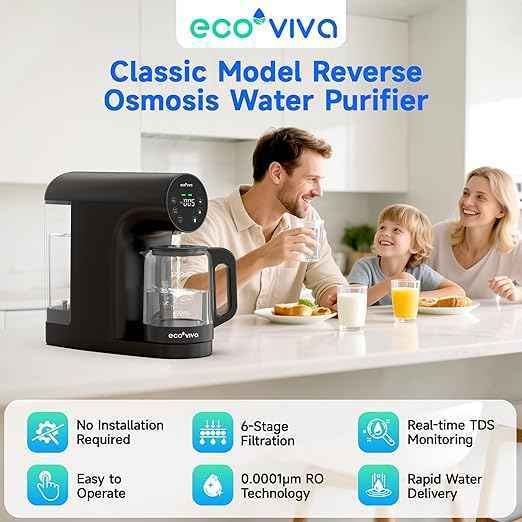 Ecoviva Countertop Reverse Osmosis Water Filter, 6 Stage RO Water Filtration System with 44 oz Glass Carafe, Water Purifier, 3:1 Pure to Drain, Black