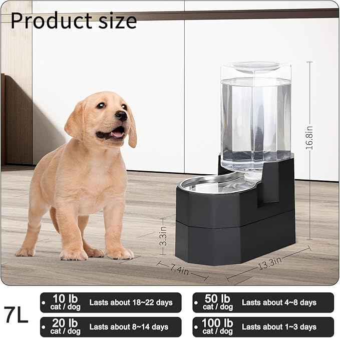 Sfozstra Large Dog Water Dispenser: 7L Raised Gravity Gray Automatic Stainless Steel Waterer - 100% BPA Free - Pet Feeder for Senior Dogs with Joint Pain in Bedroom Garden