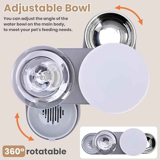 2 Pack Automatic Cat Feeder Stainless Steel Water Dispenser Gravity Food Feeder and Waterer Set with Pet Food Bowl for Small Medium Kitten Puppy Pets Large Capacity(Grey)