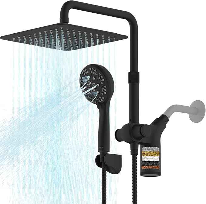 Ryamen Upgraded Dual Shower Heads Combo, 10 inch Filtered Shower Head with Handheld, 3-Way Rain Shower Head with Filters, 7 Settings Handheld Spray, High Pressure, Height Adjustable (Black)