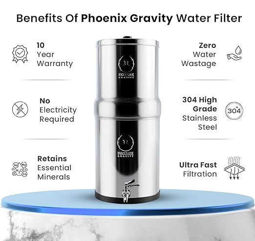 2.25 Gallon Water Filter AISI 304 Stainless Steel Gravity Fed Water Filter System, NSF Certified 2 Smart Carbon Filter Elements, Free Stainless Steel Water Spigot & Teak Wood Stand