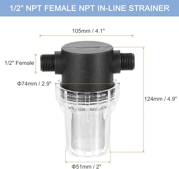 uxcell Pressure Washer Filter 1/2" NPT Female Thread, Inline Mesh Strainer Attachment, Outlet for Pipe Strainer, Stainless Steel Screen with Sealant Tape (Size:20 Mesh) - AquaVibe