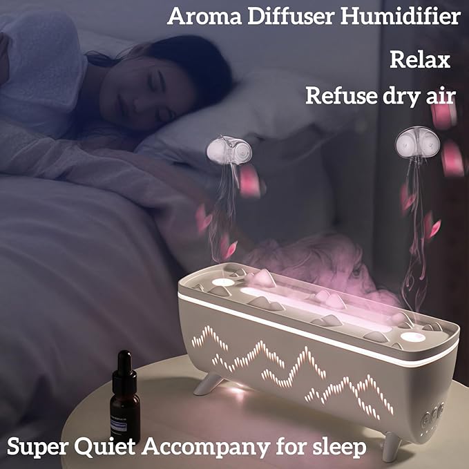 Dual Jellyfish & 3 Colors Flame Essential Oil Diffuser, Mist Humidifier, Aroma Diffuser with Jellyfish Shaped Spray Timing Auto-Off (Black)