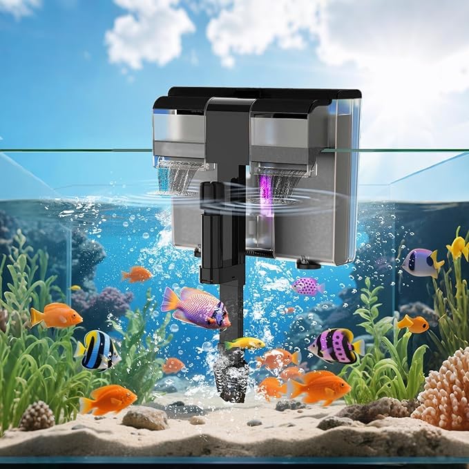 8W Aquarium Filter Hang on U-V Fish Tank Filters Quiet 4 in 1 Double Waterfall Fiter for up to 45 Gallon Tanks, 215 GPH Adjustable Flow