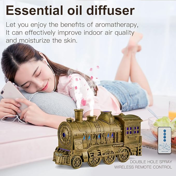 Essential Oil Diffuser Train Diffuser 300ml, Train Humidifier, Aromatherapy Diffuser Cool Mist Aromatherapy with 2 Light 2 Mist Mode Auto Shut-Off, Remote Included for Office Baby Home (Copper)