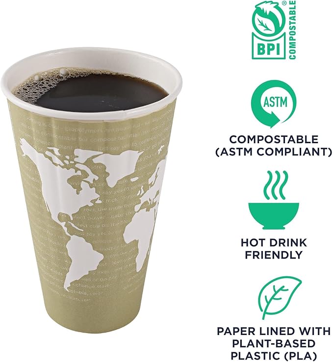 ECO PRODUCTS Compostable Disposable Insulated World Art 16oz Large Coffee Cups, Case of 600, Renewable Double-wall Hot Paper Cup, Plant Based PLA Lining, No Sleeves Needed, Color Coded