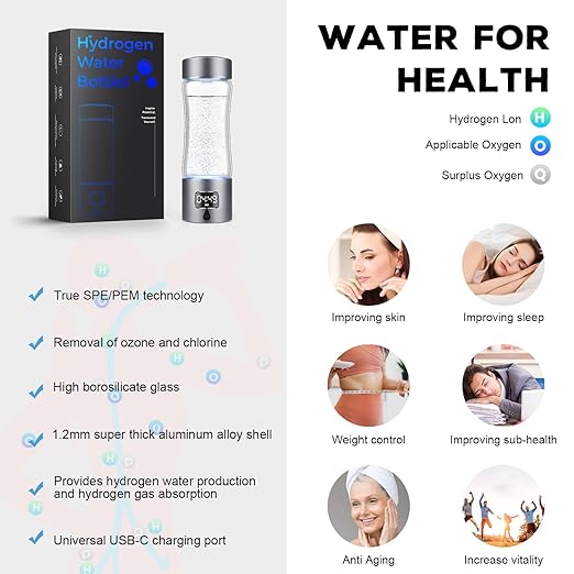 Hydrogen Water Bottle Generator with SPE/PEM Technology, Anlewo Portable H2 Water Ionizer Machine,5000PPB,6 Hours Hydrogen Retention for Family Friends Office Travel Sports Fitness(Silver)