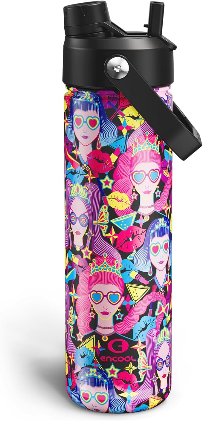ENCOOL Insulated Water Bottle with Straw Stainless Steel Water Bottle, Leak-Proof, BPA-Free, Double Wall Vacuum Keeps Cold for 24 Hours for Sports, Travel, School (26 oz, Midnight Muse)