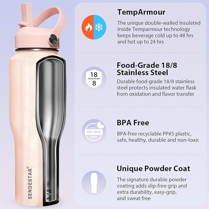 SENDESTAR Water Bottle,Wide Mouth Stainless Steel Vacuum Insulated Double Wall Keep Liquids Cold or Hot All Day,Sweat Proof Sport Design,Fit Car Cup Holder,Buling Buling Pink,40 Ounces