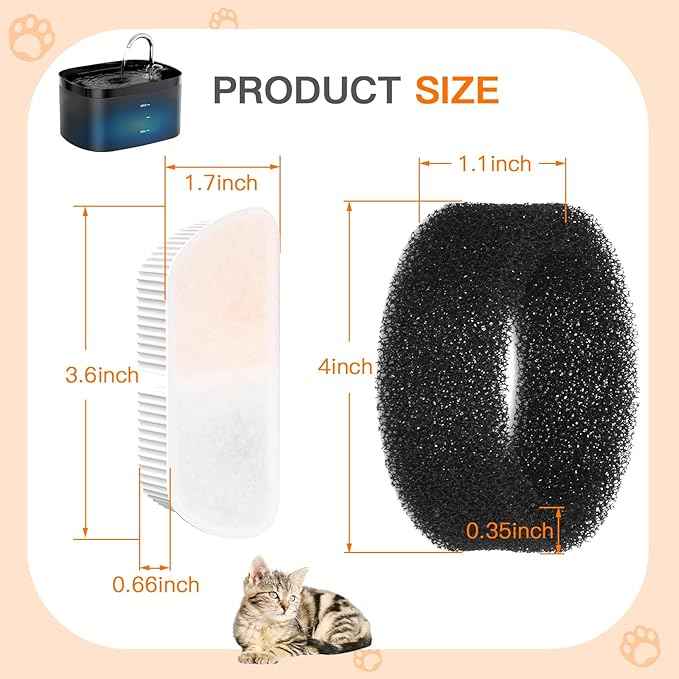 Cat Water Fountain Filters for 84oz/2.5L Petilog Pet Water Dispenser Fountain (8 Filters& 8Sponges)