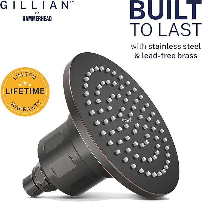 Gillian™ by HammerHead High Pressure Shower Head with Filter – Genuine KDF55 Metal Hard Water Filtering Shower Head, Healthier Skin & Hair – 6" Rainfall Showerhead with Filters, Oil Rubbed Bronze