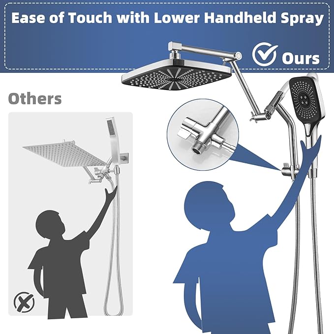 12" High Pressure Rain/Rainfall Shower Heads With Handheld Spray Combo (3+1 Settings & Built-in Power Wash Mode), Double/Dual Shower Head With Handheld - Height/Angle Adjustable(Polished Chrome)