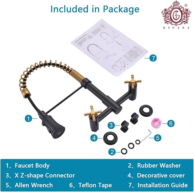 Wall Mount Kitchen Faucet, 8 Inch Center Wall Mount Faucet with Pull Down Sprayer, Commercial Spring Wall Faucet for Kitchen Sink, 3 Functions, Dual Handle, 304 Stainless Steel, Black and Brushed Gold