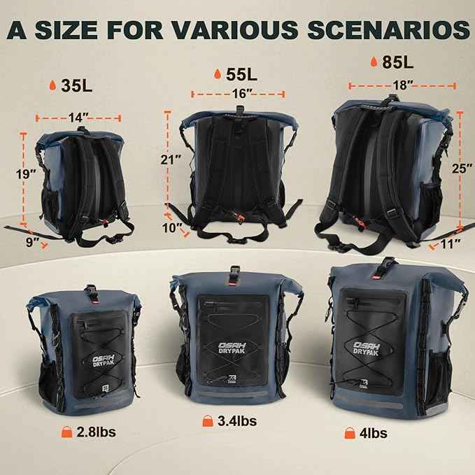 Waterproof Backpack Dry Bag 35L/55L/85L – Heavy Duty Roll-Top Hiking Backpack Sack Keeps Gear Dry for Travel, Kayaking, Boating, Camping, Rafting and Fishing