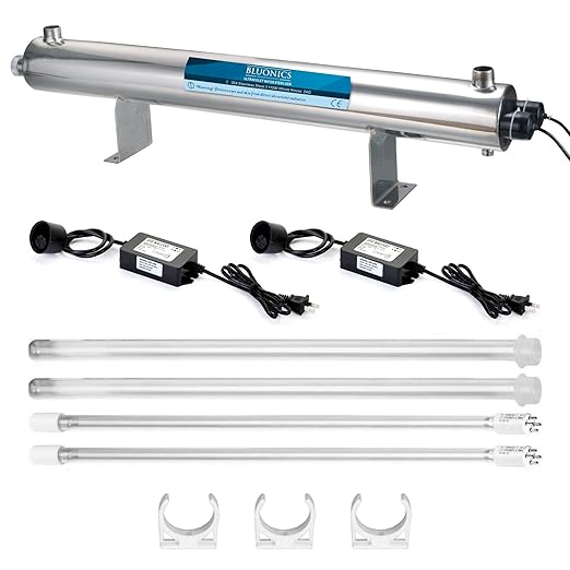 Bluonics Complete Whole House Well Water Filtration System – 24 GPM 110W UV Purifier with Triple 4.5" x 20" Housings, Carbon Filters, and Extra Filter Set