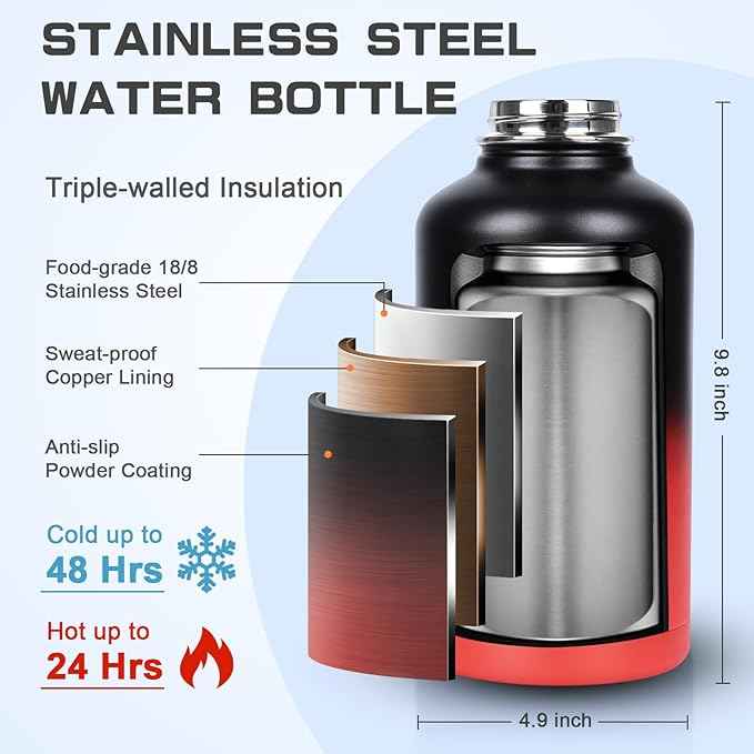 Insulated Water Bottle 64 oz, Half Gallon Water Jug Cold 48H, BPA Free Stainless Steel Bottles with Straw/Chug 2-in-1 Lid, Bag, Paracord Handle, Silicone Boot, Sports Gym School Metal Flask