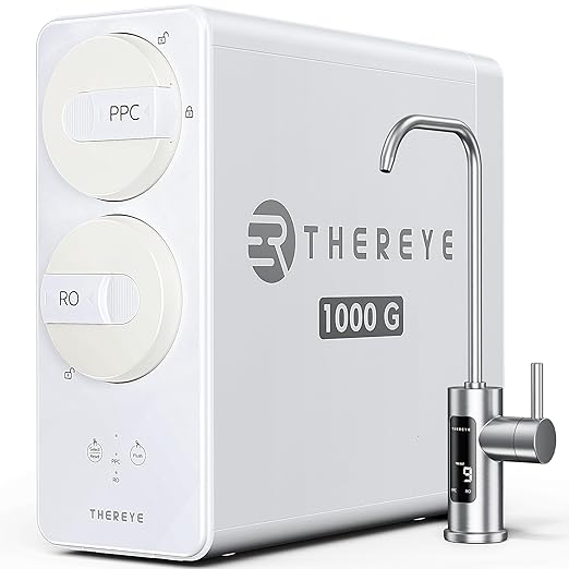 Thereye 8 Stage Reverse Osmosis System, 1000 GPD Tankless Reverse Osmosis Water Filter, Under Sink RO Water Filtration System, Reduce PFAS & TDS, Smart LED Faucet, 2:1 Pure to Drain, White