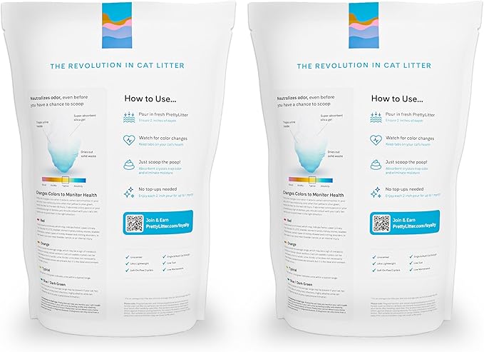 PrettyLitter Health Monitoring Cat Litter (Unscented, Non Clumping) | Lightweight & Low Tracking, Color Changing Silica Gel Crystals, Advanced Odor Control — 6 Lbs, Pack of 2 (Two Month Supply) - AquaVibe