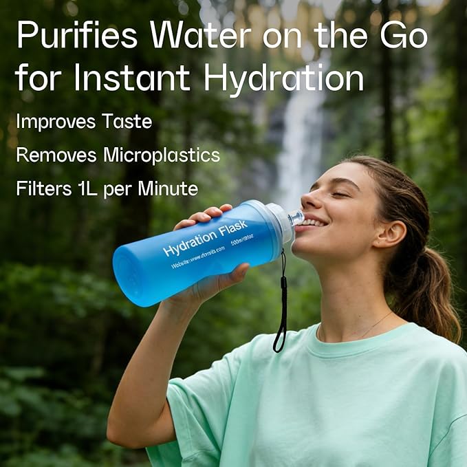 GUYI 1.0L Collapsible Water Filter Bottle, Removes Impurities, BPA Free, Ultralight for Hiking, Camping, Cycling & Travel-Blue