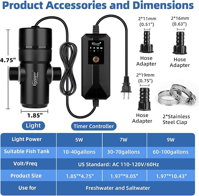 hygger Aquarium U-V Light with Timer, 360° Protective Shield Clean Light for Green Water Clean, Amphibian Aquarium Lamp Bulb for Freshwater Saltwater Fish Tank and Aquarium (5W, 10-40 Gallon)