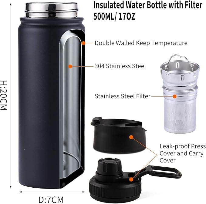 Tea Infuser Bottle With Removable Loose Leaf Tea Strainer Cup 18/8 Stainless Steel Portable Insulated Travel Tea Tumbler Black